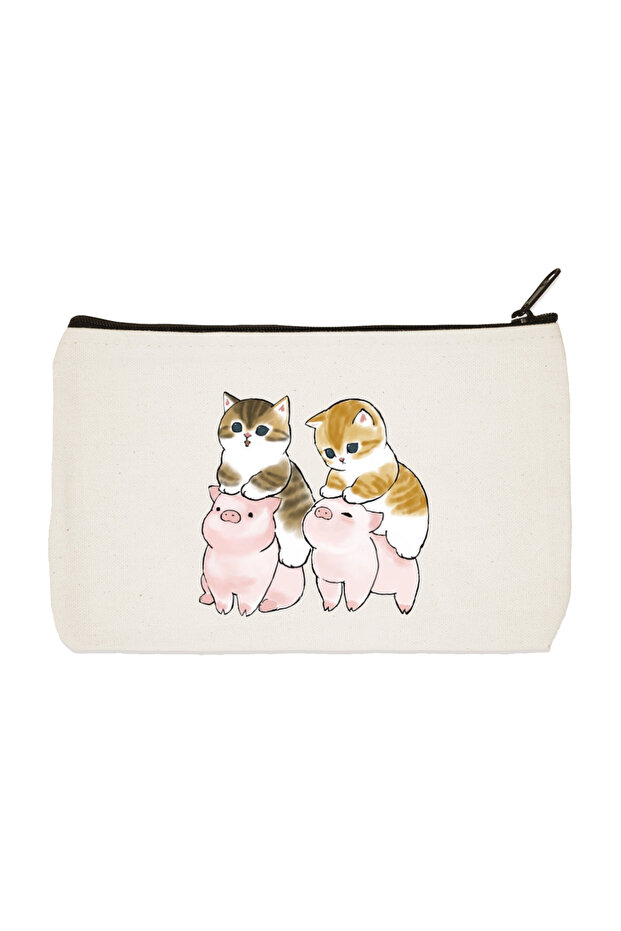 Pigs and Cats Printed Cloth Makeup Bag, Pen Holder, Handbag, Wallet