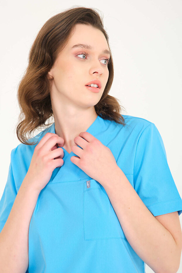 Lycra Scrubs Baby Blue Envelope Collar Doctor Nurse Jersey Single Top