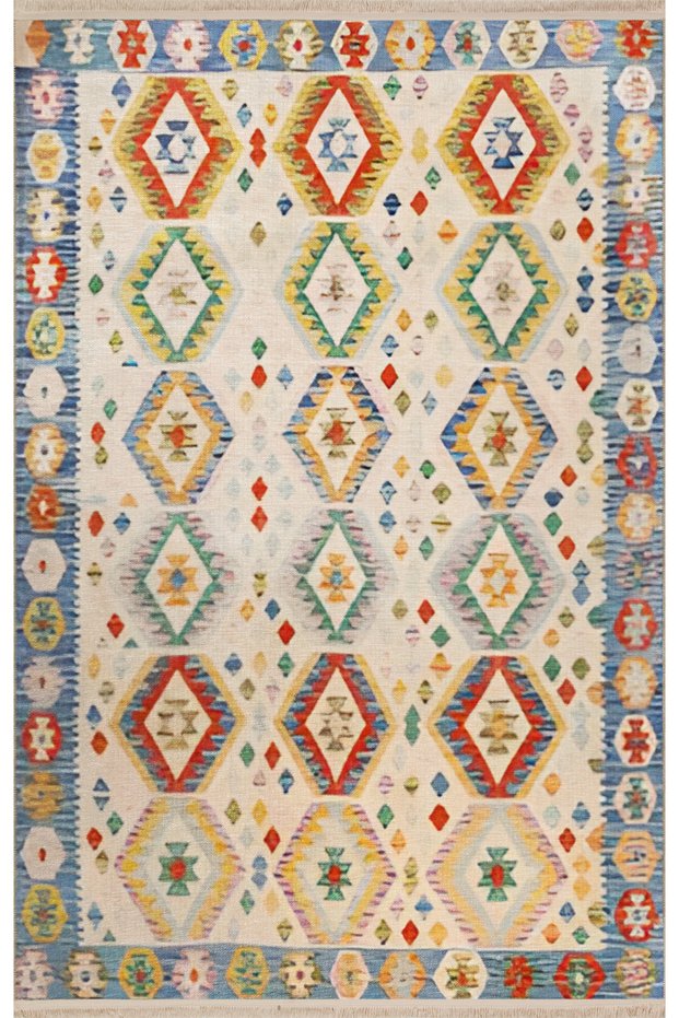 Beige Blue Themed Traditional Motif Mixed Shape Patterned Vintage Decorative Carpet 1973