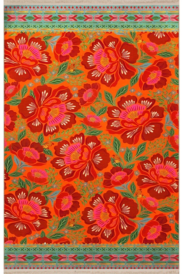 Orange Themed Rose Patterned Vintage Decorative Carpet 1967