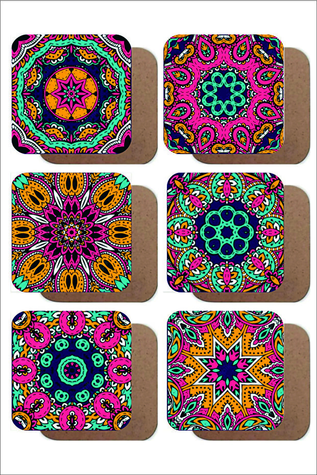 Mandala Themed Vintage Set of 6 Wooden Coasters