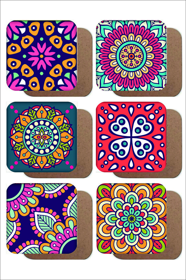 Mandala Themed Vintage Set of 6 Wooden Coasters