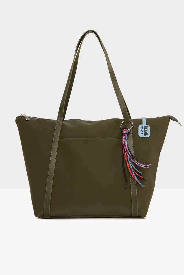 Khaki Women's Colorful Tassel Detailed Satin Tote Bag M000008174