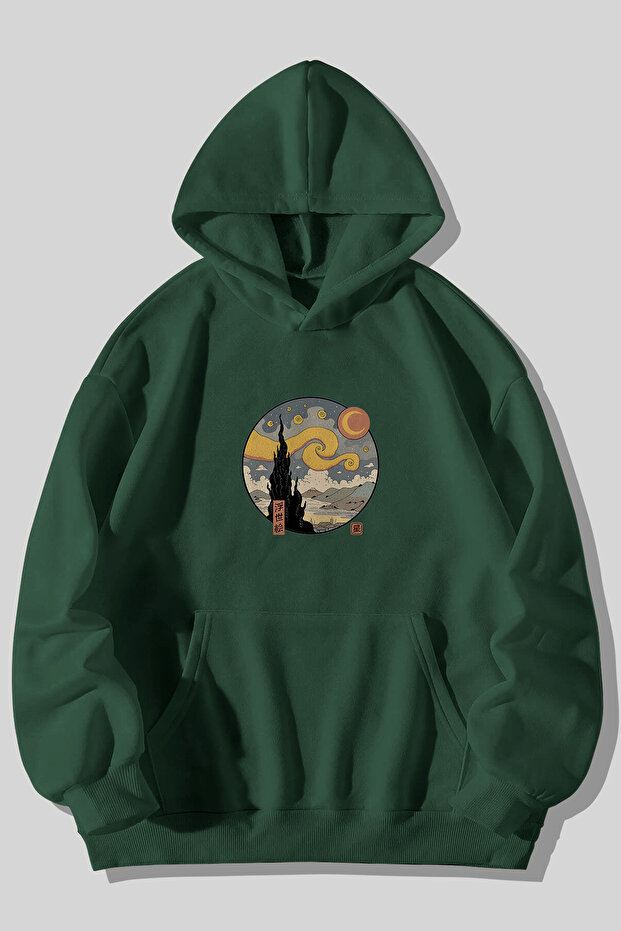 Starry Night Printed 3 Thread Thick Fluffy Unisex Green Kangaroo Pocket Hooded Sweatshirt Hoodie