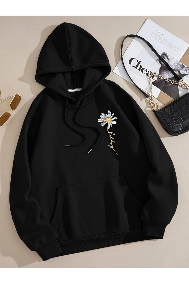 Women's Black Daisy Printed Hooded Hoodie Sweatshirt