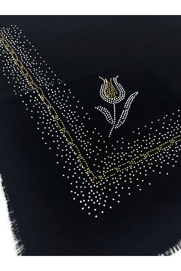 Taş Işlemeli Siyah Flamlı Yazma Gül Desenli Eşarp 100x100cm - 5