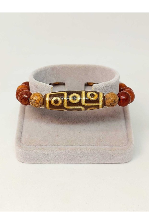 Unisex Tibetan Agate and Jasper Stone Nine Eye Symbol Wooden Bracelet 8mm