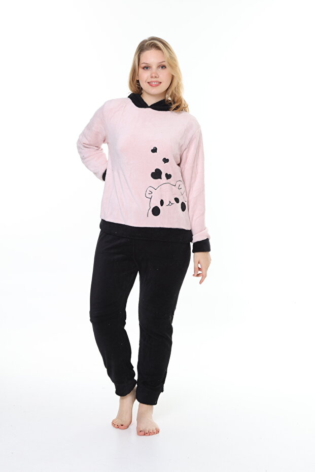 Kadın Pudra soft yumoş yüksek kalite kumaş nakış detaylı pijama takımı - 2