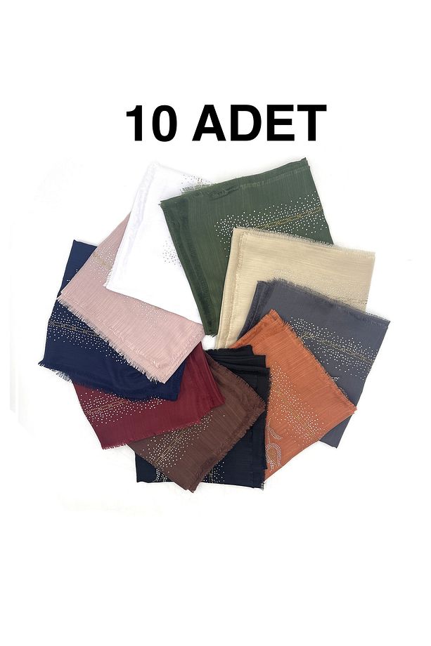 Taş İşlemeli Flamlı 10'lu Set Yazma Gül Desenli Hediyelik Eşarp 100x100cm Dağıtmalık Toptan - 1