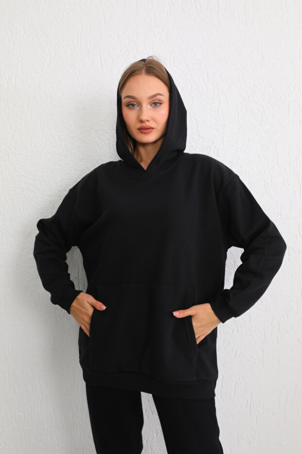 Women's Black Oversize Rose Gold Three Thread Hooded Sweatshirt
