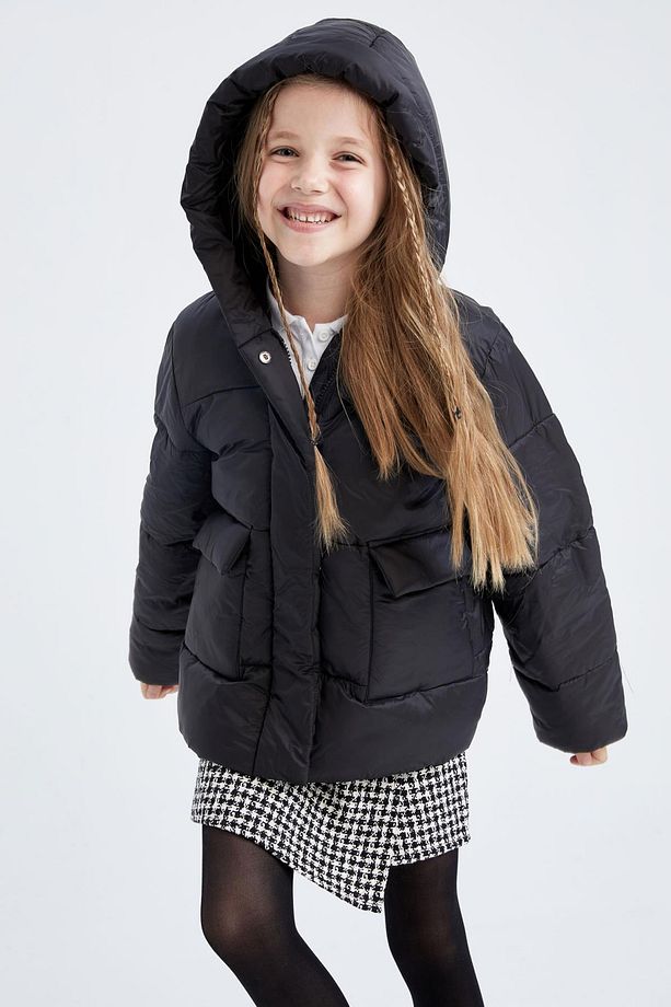 Kız Çocuk Polar Astarlı Kapüşonlu Puffer Şişme Mont - 4