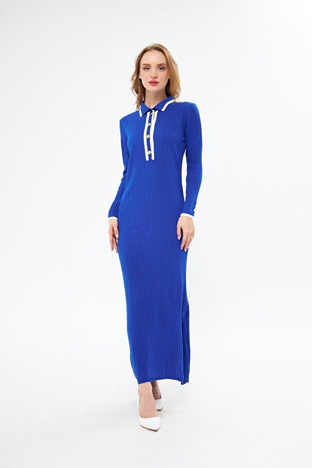 Long Knit Dress with Ribbed Button Detail
