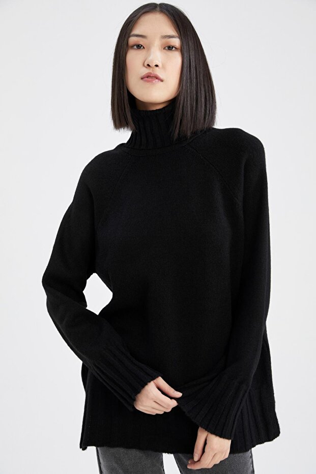 Oversize Fit Balıkçı Yaka Uzun Kollu Triko Tunik - 3