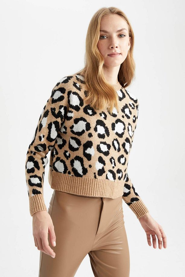 Regular Fit Leopar Desenli Bisiklet Yaka Kazak - 6