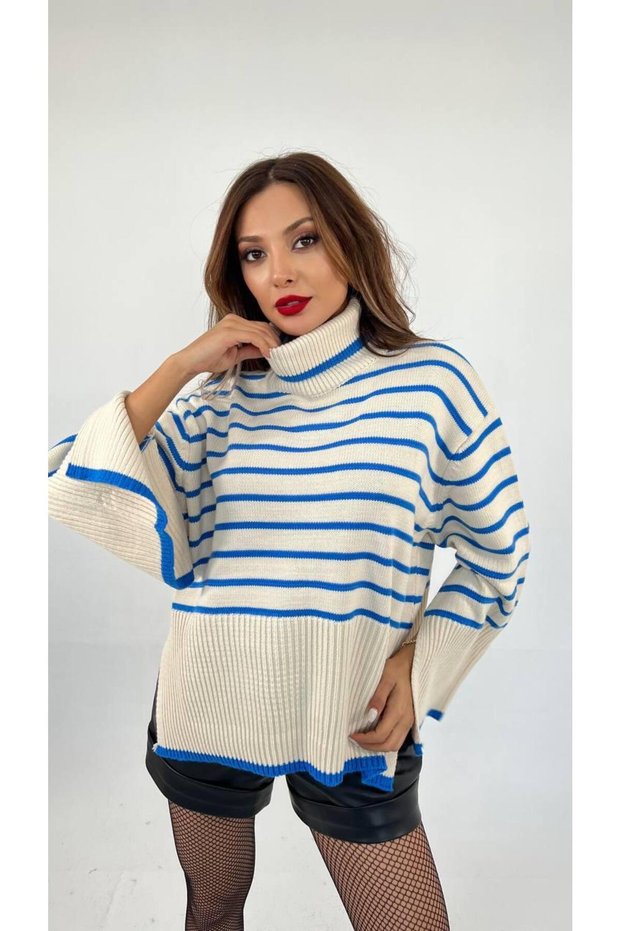 Women's Striped Turtleneck Knitwear Blue Hijab Sweater