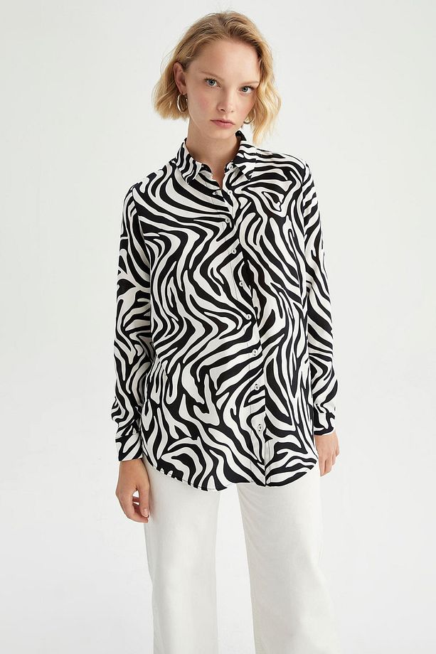 Regular Fit Gömlek Yaka Zebra Desenli Uzun Kollu Tunik - 4