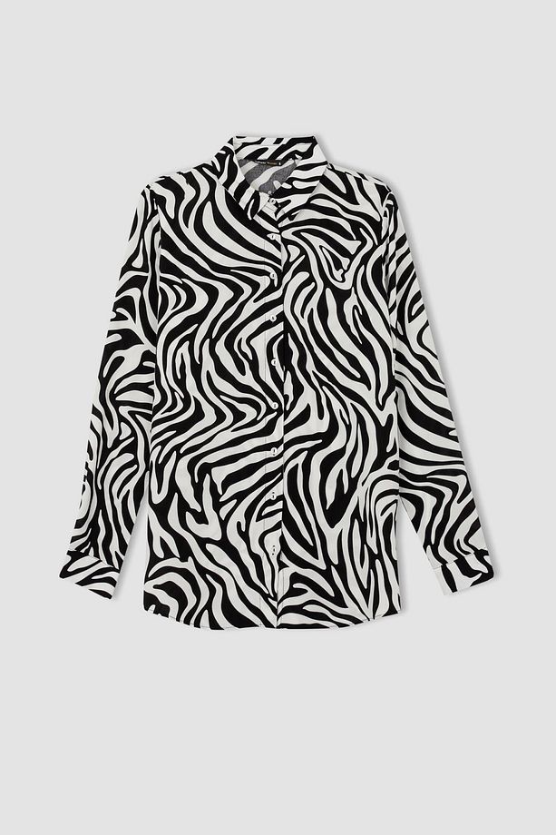 Regular Fit Gömlek Yaka Zebra Desenli Uzun Kollu Tunik - 8