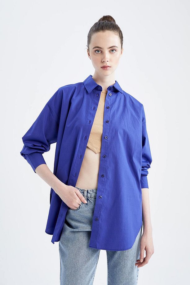 %100 Pamuk Oversize Geniş Kalıp Poplin Basic Düz Uzun Kollu Gömlek Tunik T5494az22au - 3