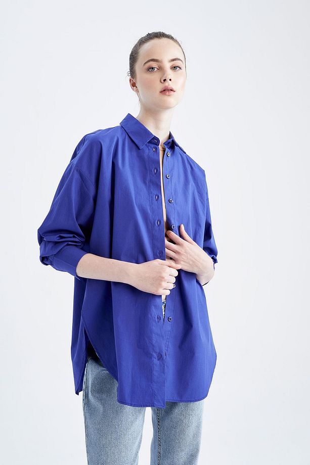 %100 Pamuk Oversize Geniş Kalıp Poplin Basic Düz Uzun Kollu Gömlek Tunik T5494az22au - 4