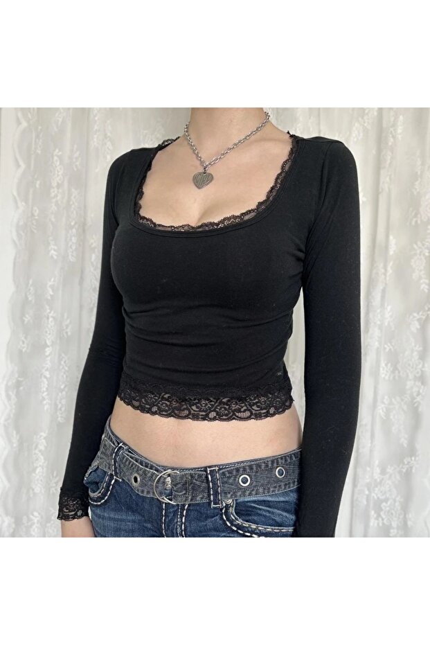 Basic Dantelli Uzun Kollu Crop Sweatshirt - 3