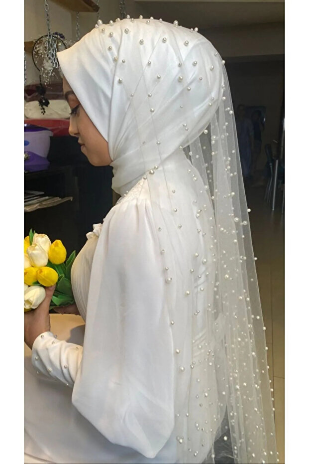 Off-White Nun Veil with Hijab and Pearls 2 Meters