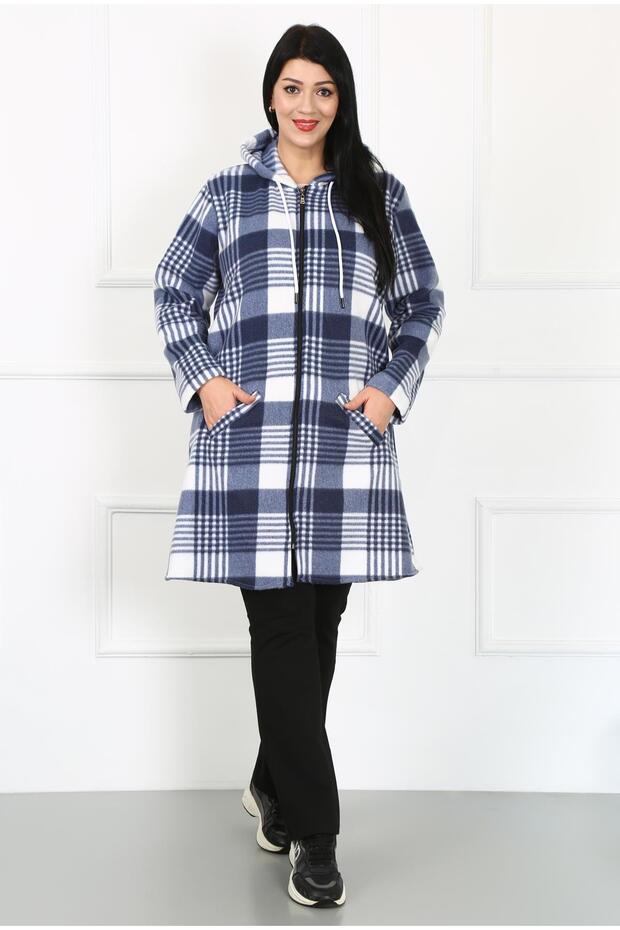 Women's Navy Blue Fleece Large Size Cardigan