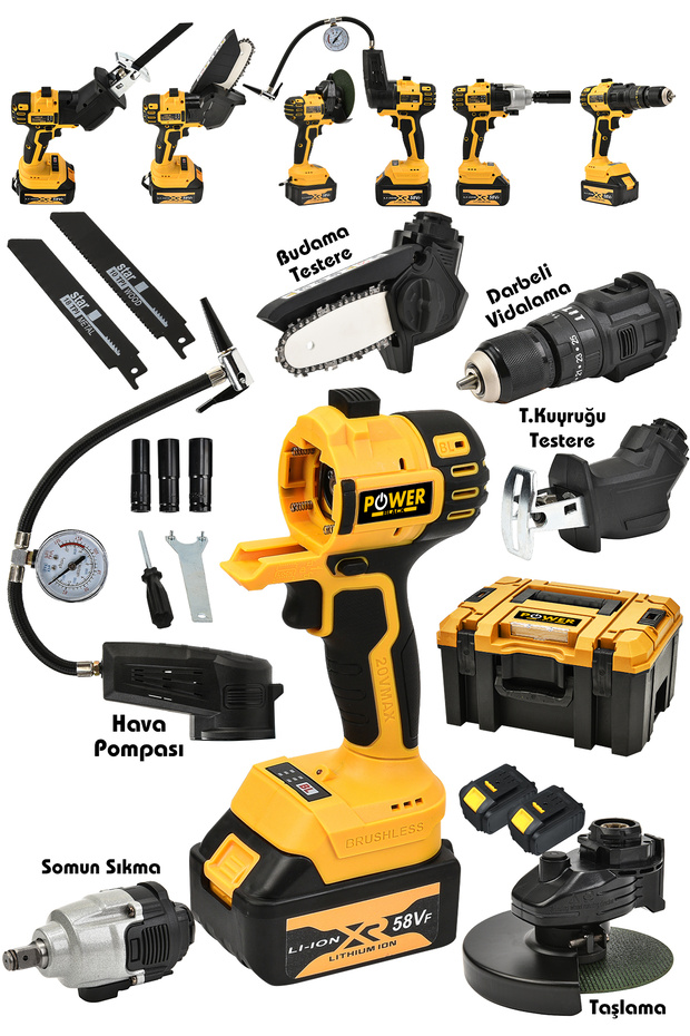 POWER BLACK 6 Lı Pro Set Taşlama Şarjlı Matkap Testere Tilki Kuyruğu Havalı Pompa Somun Sökme Sarı