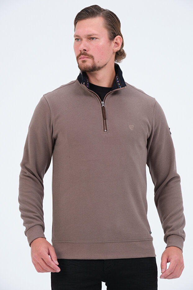 Zippered Regular Fit Suede Detailed Long Sleeve Men's Thessaloniki Sweatshirt