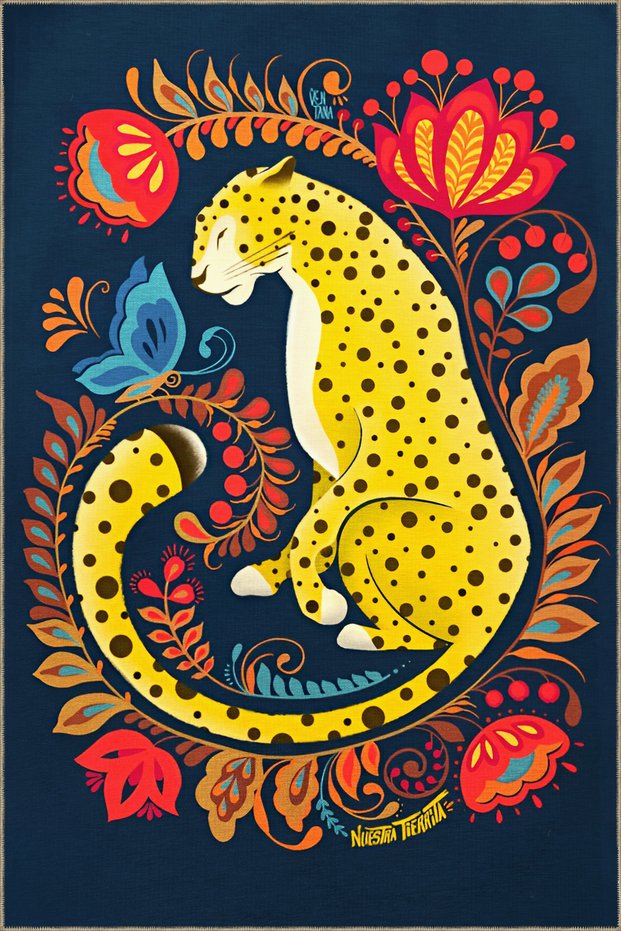 Navy Blue Themed Surrealist Leopard and Flower Patterned Creative Modern Decorative Carpet 2010