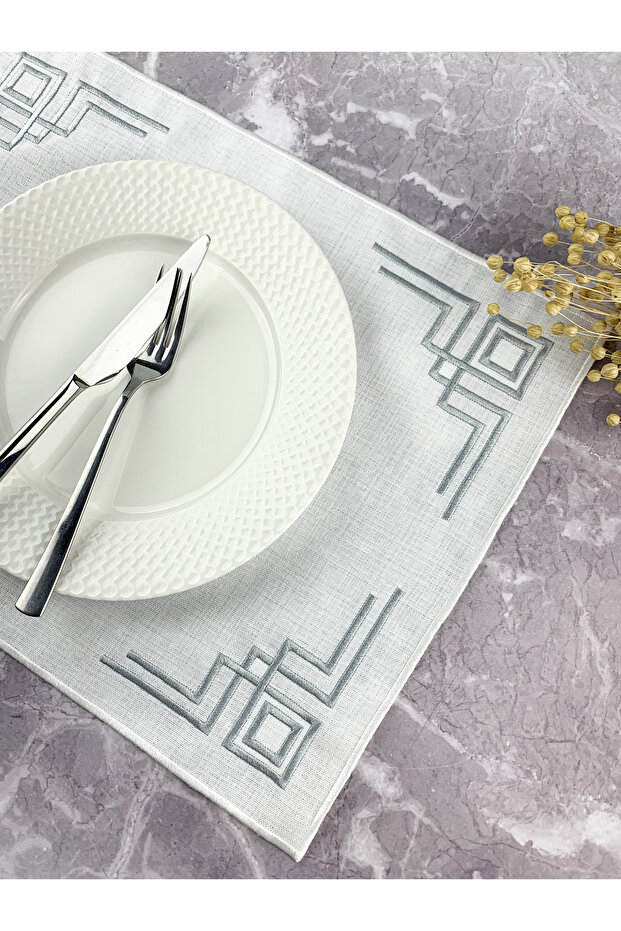 White Colored Silver Gray Embroidered Rectangular 34x44cm Placemat - 2