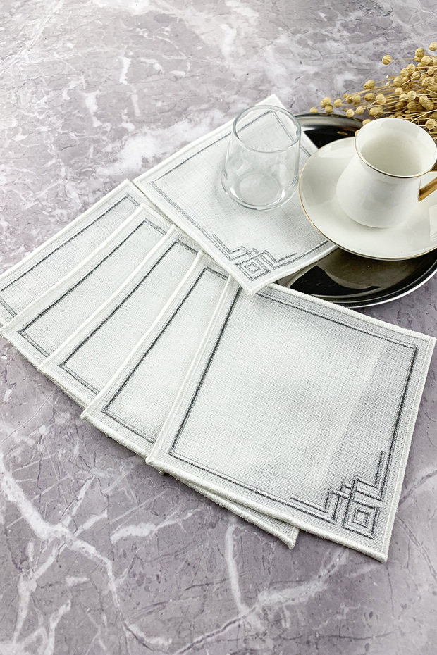 White Color Glitter Silver Gray Set of 6 Embroidered Cocktail Napkins