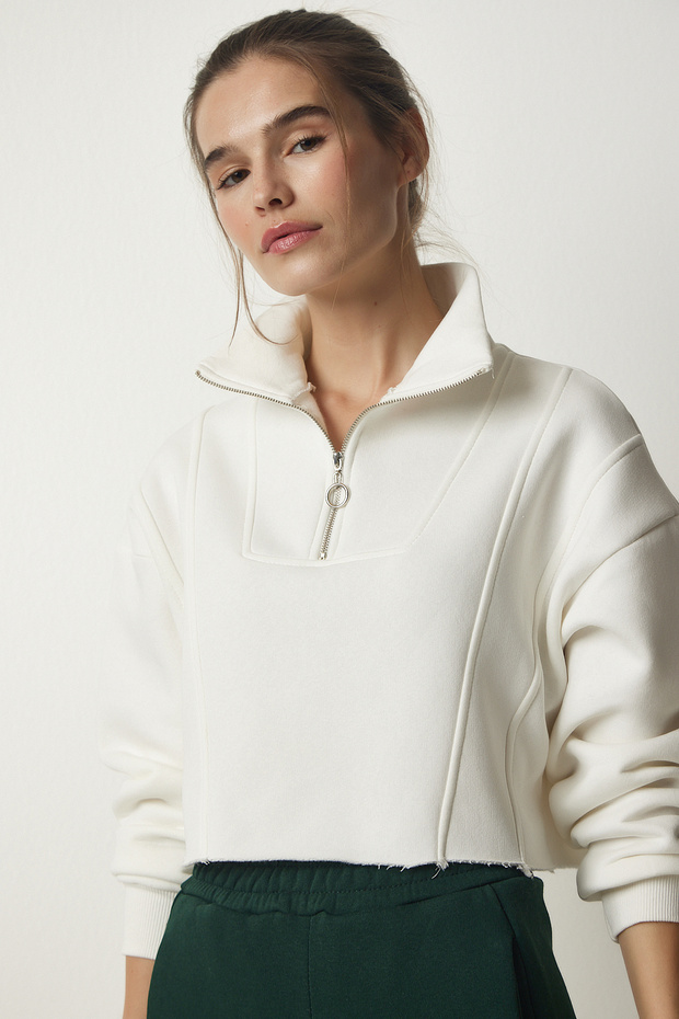 Women's Ecru Zippered Brushed Inside Cropped Knitted Sweatshirt HF00441