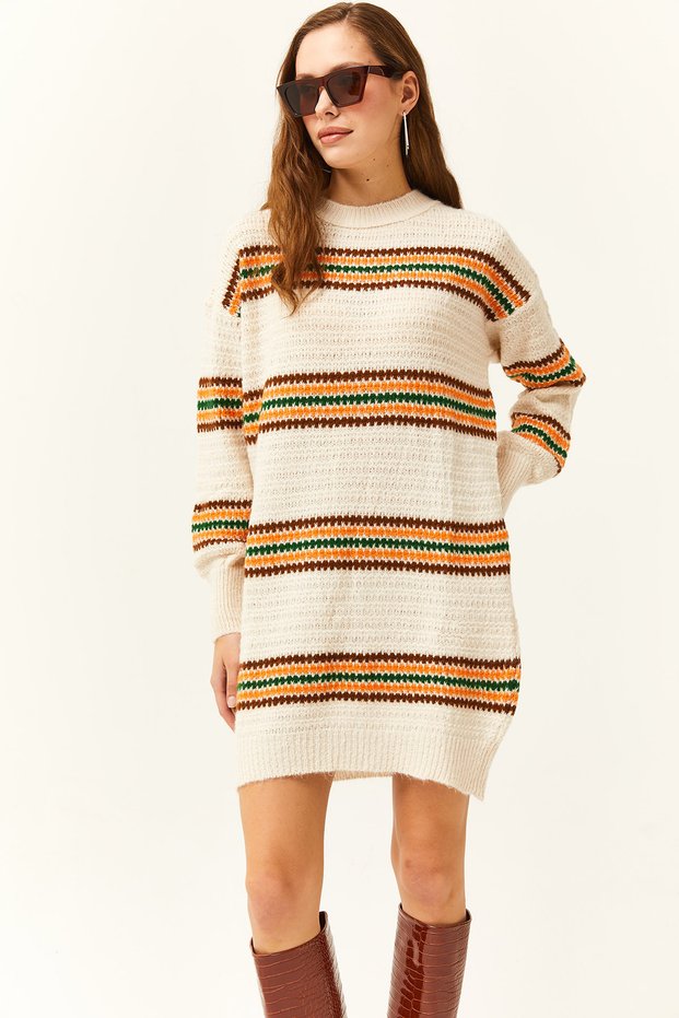 Women's Stone Color Striped Soft Textured Knitwear Tunic Dress