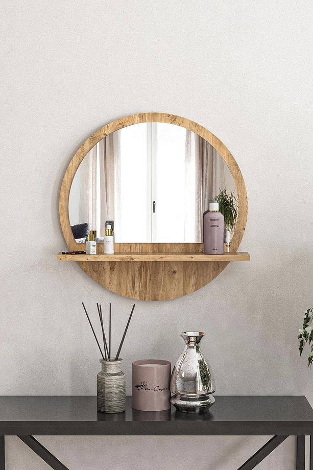 Yuvarlak Raflı Ayna 45CM Atlantik Çam Dresuar Hol Koridor Salon Banyo Wc Ofis Çocuk Yatak Odası Boy - 2