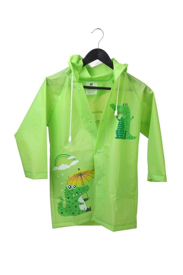 Green Color Unisex Children's Raincoat - Hooded and Animal Figures