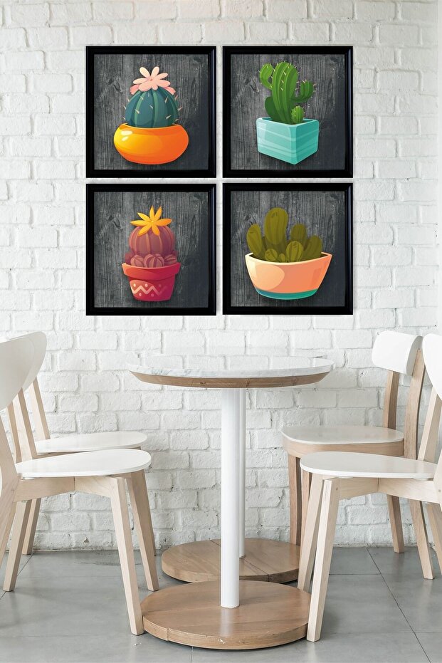 Çerçeve Görünümlü 4 Lü Renkli Kaktüs Tablo Seti - 4