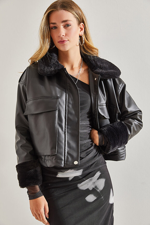 Women's Black Bellows Pocket Leather Coat 40991023