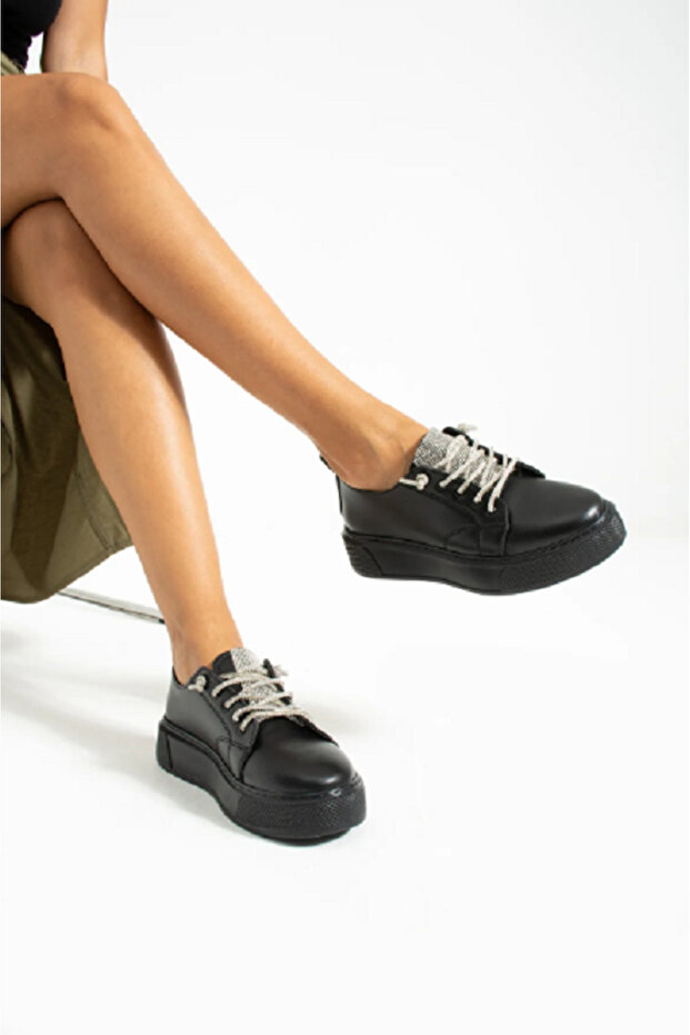 Ecru Ayakkabı Kadın Taşlı Sneaker Yüksek Taban Bağcıklı(REST) Taş Detaylı Spor Ayakkabı - 4