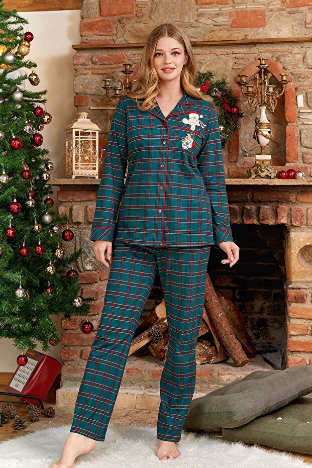 Plaid Patterned New Year Pajama Set with Print Detail Cossy by Aqua 24049