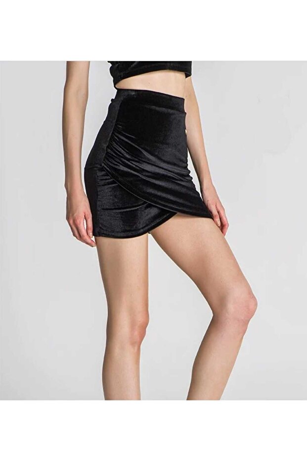 women's asymmetrical wrap high waist black velvet mini skirt