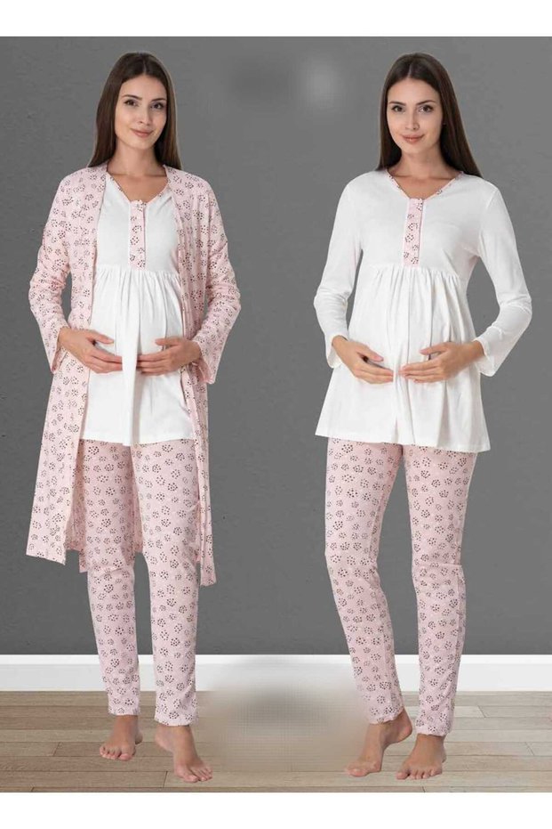 Women's Pink Design Patterned Cotton Maternity Maternity Dressing Gown Pajamas Set 3 Pieces