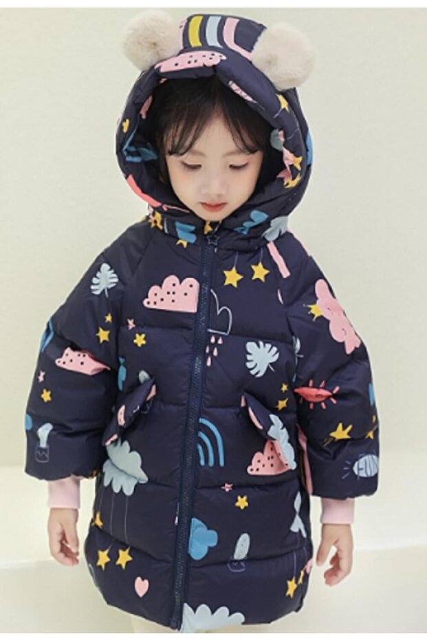 Winter Down Coats for Girl, Hooded Fleece Jacket (110 cm-4 Years / Rainbow Blue)