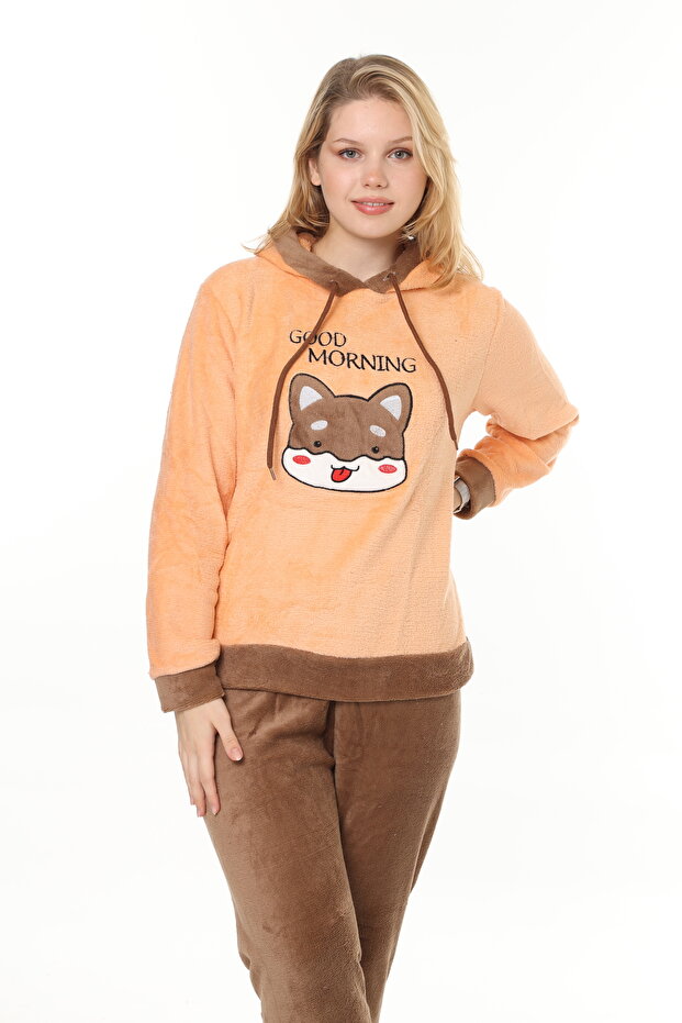 Kadın somon soft yumoş yüksek kalite kumaş nakış detaylı pijama takımı - 1