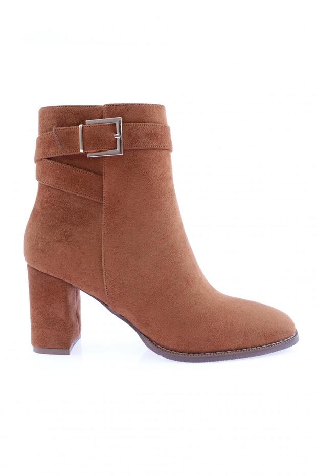 Tan Suede Women's Heeled Boots - Belt Detailed, Model 2110162821