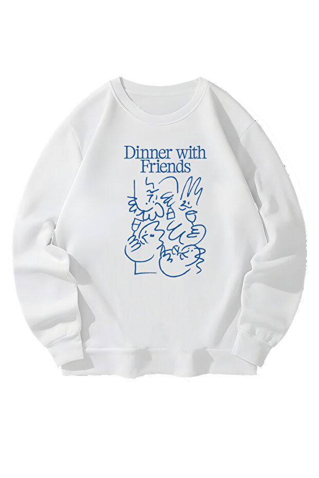 Dinner With Friends Designed Unisex White Sweatshirt