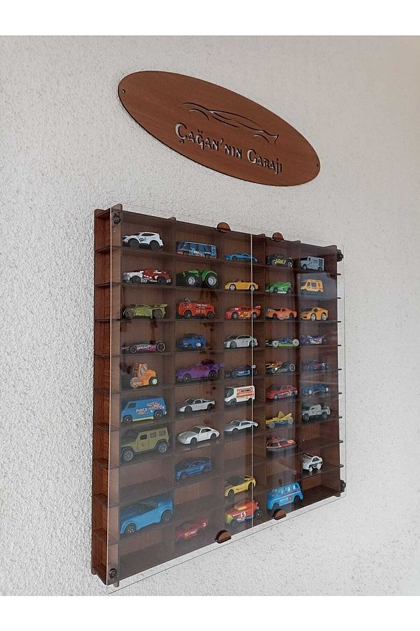 Pleksi Kapak Oyuncak Araba Rafı, 1/64 Ölçekli Ahşap Araba Rafı - 2