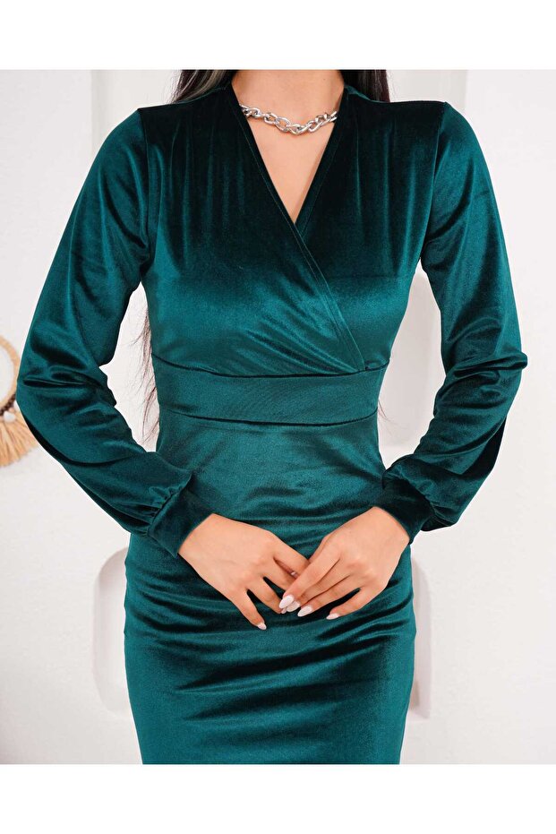 Kadife Manşetli Elbise - 6