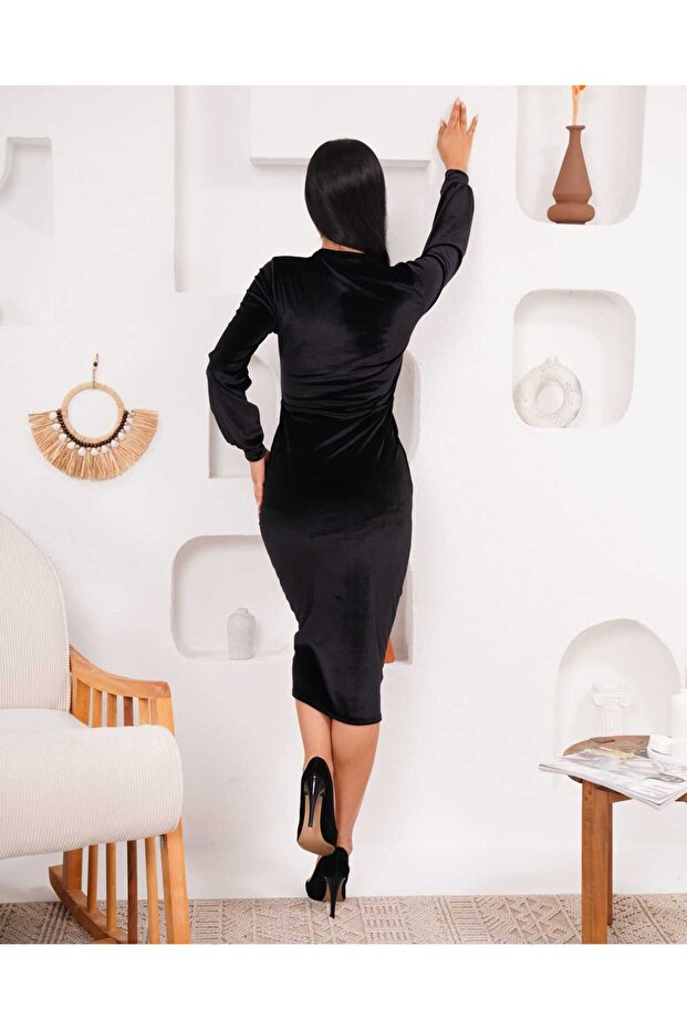 Kadife Manşetli Elbise - 4