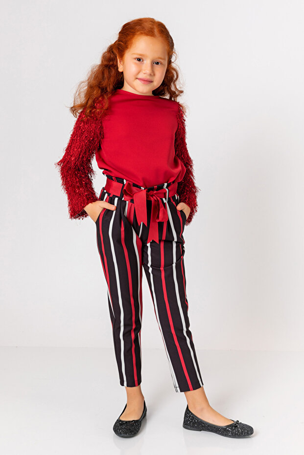 Girl's Burgundy Sleeve Tasseled Blouse