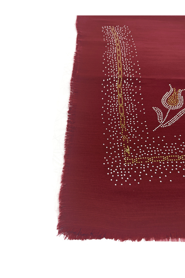 Taş İşlemeli Flamlı 7'li Set Yazma Gül Desenli Hediyelik Eşarp 100x100cm Dağıtmalık Toptan - 3